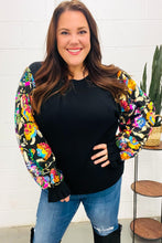 Load image into Gallery viewer, Diva Dreams Black Floral Sequin Mesh Sleeve Rib Knit Top