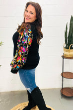 Load image into Gallery viewer, Diva Dreams Black Floral Sequin Mesh Sleeve Rib Knit Top