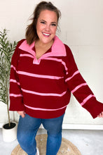 Load image into Gallery viewer, Fall For You Stripe Notched Neck Collared Oversized Sweater in Crimson