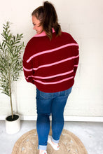 Load image into Gallery viewer, Fall For You Stripe Notched Neck Collared Oversized Sweater in Crimson