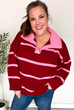 Load image into Gallery viewer, Fall For You Stripe Notched Neck Collared Oversized Sweater in Crimson
