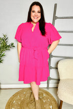 Load image into Gallery viewer, Star Struck Fuchsia Notched Neck Balloon Sleeve Sash Belt Mini Dress