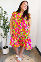 Load image into Gallery viewer, Be Charming Lime & Pink Floral Print Tiered Ruffle Sleeve Dress