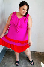Load image into Gallery viewer, Fuchsia Ruffle V Neck Crepe Tiered Midi Dress
