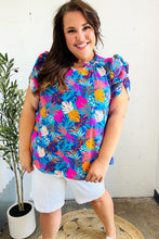 Load image into Gallery viewer, All For You Aqua Tropical Print Frill Notch Neck Puff Sleeve Top