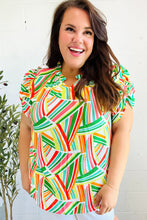 Load image into Gallery viewer, Hello Beautiful Green & Orange Geo Frill Notch Neck Puff Sleeve Top