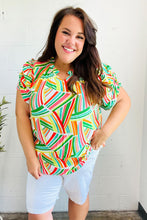 Load image into Gallery viewer, Hello Beautiful Green & Orange Geo Frill Notch Neck Puff Sleeve Top