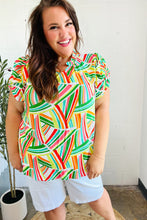 Load image into Gallery viewer, Hello Beautiful Green & Orange Geo Frill Notch Neck Puff Sleeve Top