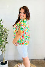 Load image into Gallery viewer, Hello Beautiful Green & Orange Geo Frill Notch Neck Puff Sleeve Top