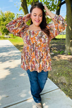 Load image into Gallery viewer, Fall in Love Taupe & Rust Floral Print Babydoll Bubble Sleeve Top