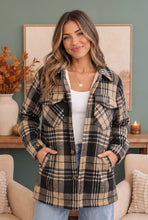 Load image into Gallery viewer, Cozy Plaid Sherpa Lined Shacket in Khaki Black