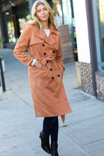 Load image into Gallery viewer, Rust Suede Double Breasted Belted Lined Trench Coat