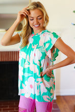 Load image into Gallery viewer, Feeling Joyful Aqua Floral Mock Neck Flutter Sleeve Top