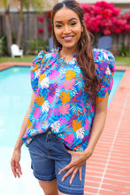 Load image into Gallery viewer, All For You Aqua Tropical Print Frill Notch Neck Puff Sleeve Top