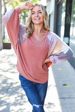 Load image into Gallery viewer, Weekend Ready Rust Argyle Pattern Dolman V Neck Top