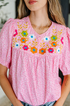 Load image into Gallery viewer, Wander Bloom Embroidered Puff Sleeve Blouse in Pink