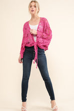 Load image into Gallery viewer, Beautiful You Fuchsia Crochet Front Tie Bell Sleeve Cardigan
