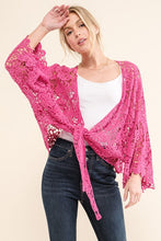 Load image into Gallery viewer, Beautiful You Fuchsia Crochet Front Tie Bell Sleeve Cardigan