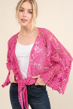 Load image into Gallery viewer, Beautiful You Fuchsia Crochet Front Tie Bell Sleeve Cardigan