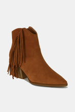 Load image into Gallery viewer, Suede Fringe Point Toe Ankle Boots in Caramel