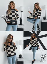 Load image into Gallery viewer, Checkmate Cold Shoulder Checkered Long Sleeve Sweater (multiple color options)
