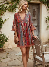 Load image into Gallery viewer, Boho Melody Lace Trim Printed V-Neck 3/4 Sleeve Dress (multiple color options)