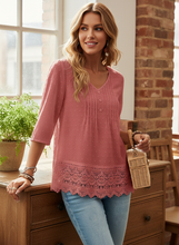 Load image into Gallery viewer, Graceful Edge Lace Hem V-Neck Blouse (multiple color options)