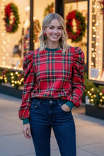 Load image into Gallery viewer, Christmas in Plaid Puff Shoulder Sleeves Top