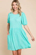 Load image into Gallery viewer, Textured Round Neck Puff Sleeve Dress