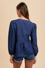 Load image into Gallery viewer, Tie Front Peplum Long Sleeve Denim Top in Navy
