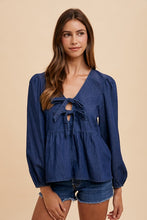 Load image into Gallery viewer, Tie Front Peplum Long Sleeve Denim Top in Navy