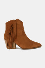 Load image into Gallery viewer, Suede Fringe Point Toe Ankle Boots in Caramel