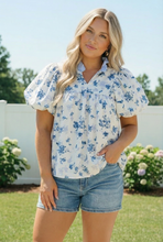 Load image into Gallery viewer, Sweet in Blue Floral Puff Sleeve Babydoll Top