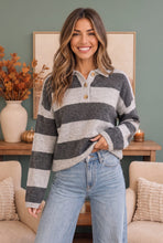 Load image into Gallery viewer, Cozy Stripe Polo Sweater in Charcoal