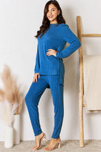 Load image into Gallery viewer, Lounge Life Ribbed Round Neck High-Low Slit Top and Pants Set (multiple color options)