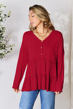 Load image into Gallery viewer, Playful Beauty Half Button Long Sleeve Ruffle Hem Top (multiple color options)