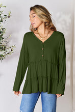 Load image into Gallery viewer, Playful Beauty Half Button Long Sleeve Ruffle Hem Top (multiple color options)