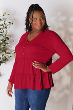 Load image into Gallery viewer, Playful Beauty Half Button Long Sleeve Ruffle Hem Top (multiple color options)