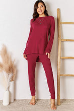 Load image into Gallery viewer, Lounge Life Ribbed Round Neck High-Low Slit Top and Pants Set (multiple color options)