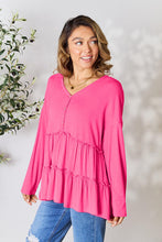 Load image into Gallery viewer, Playful Beauty Half Button Long Sleeve Ruffle Hem Top (multiple color options)