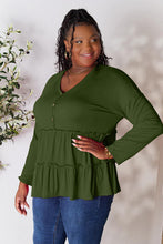 Load image into Gallery viewer, Playful Beauty Half Button Long Sleeve Ruffle Hem Top (multiple color options)