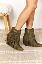 Load image into Gallery viewer, Desert Sunset Tassel Wedge Heel Ankle Booties in Olive