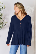 Load image into Gallery viewer, Playful Beauty Half Button Long Sleeve Ruffle Hem Top (multiple color options)