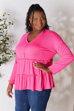 Load image into Gallery viewer, Playful Beauty Half Button Long Sleeve Ruffle Hem Top (multiple color options)