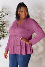 Load image into Gallery viewer, Playful Beauty Half Button Long Sleeve Ruffle Hem Top (multiple color options)
