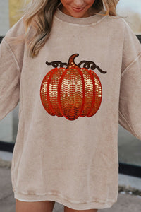 Sequin Pumpkin Round Neck Long Sleeve Sweatshirt (2 color options)