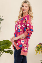 Load image into Gallery viewer, Side Slit Flower Print Long Sleeve Top in Fuchsia
