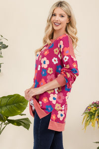 Side Slit Flower Print Long Sleeve Top in Fuchsia