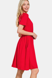 Surplice Short Sleeve Brushed DTY Dress in Red