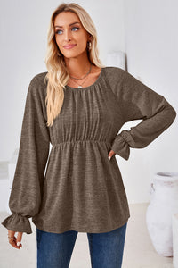 Ruched Round Neck Flounce Sleeve Blouse (multiple color options)